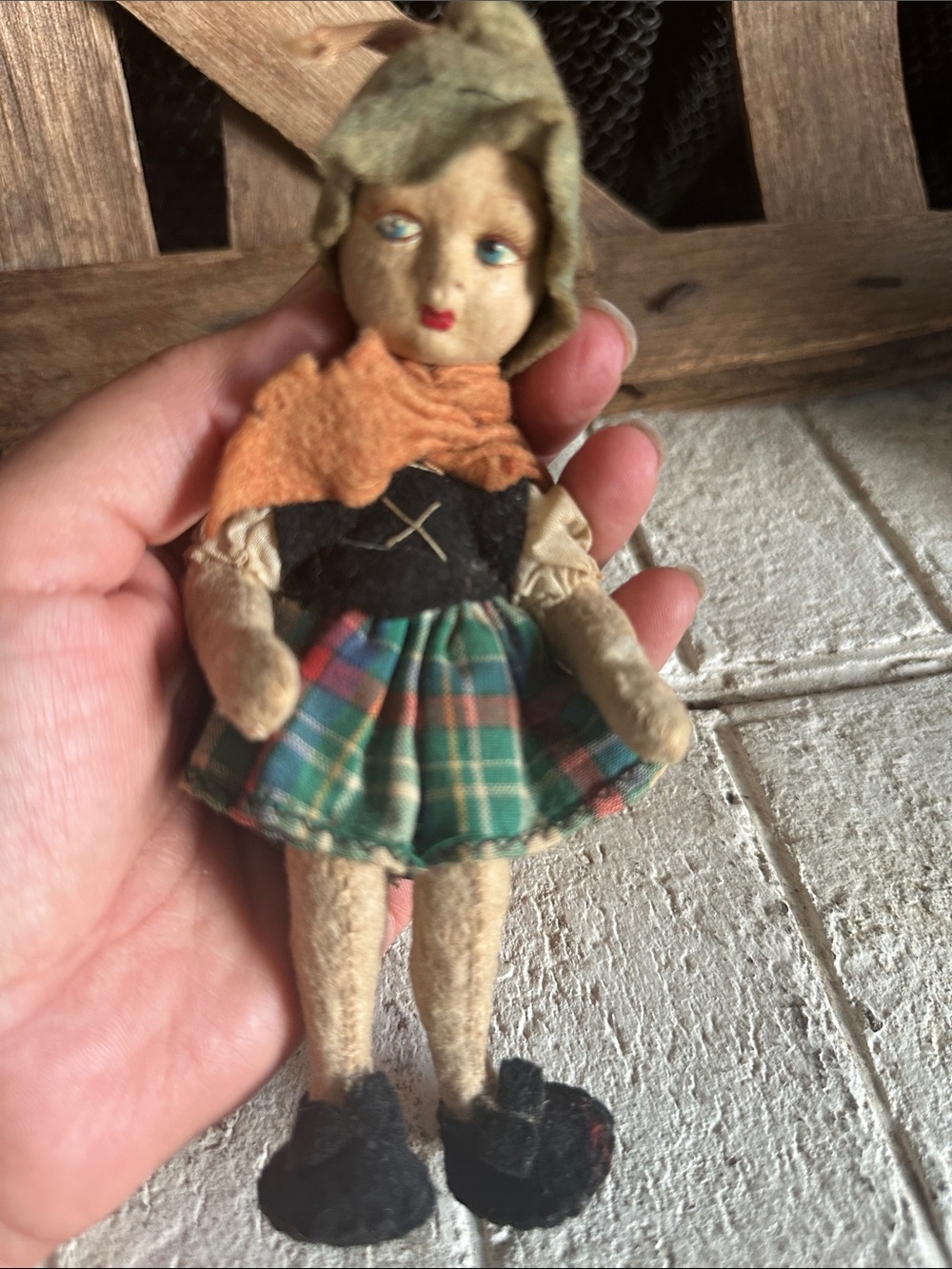 Antique paper mâché face felted/ wood doll